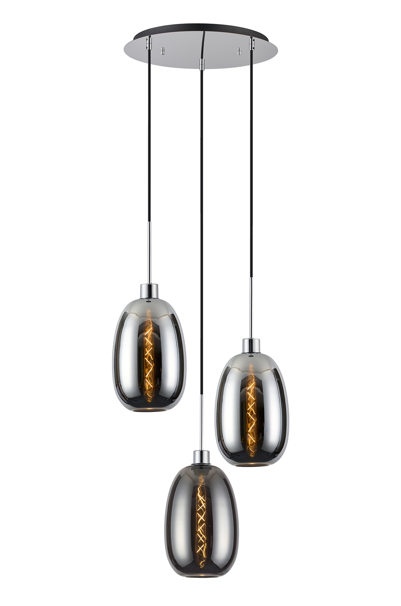 Lori 40cm Round Pendant, 3 Light Adjustable E27, Polished Chrome/Chrome/Smoke Slim Curved Trapezium Shades